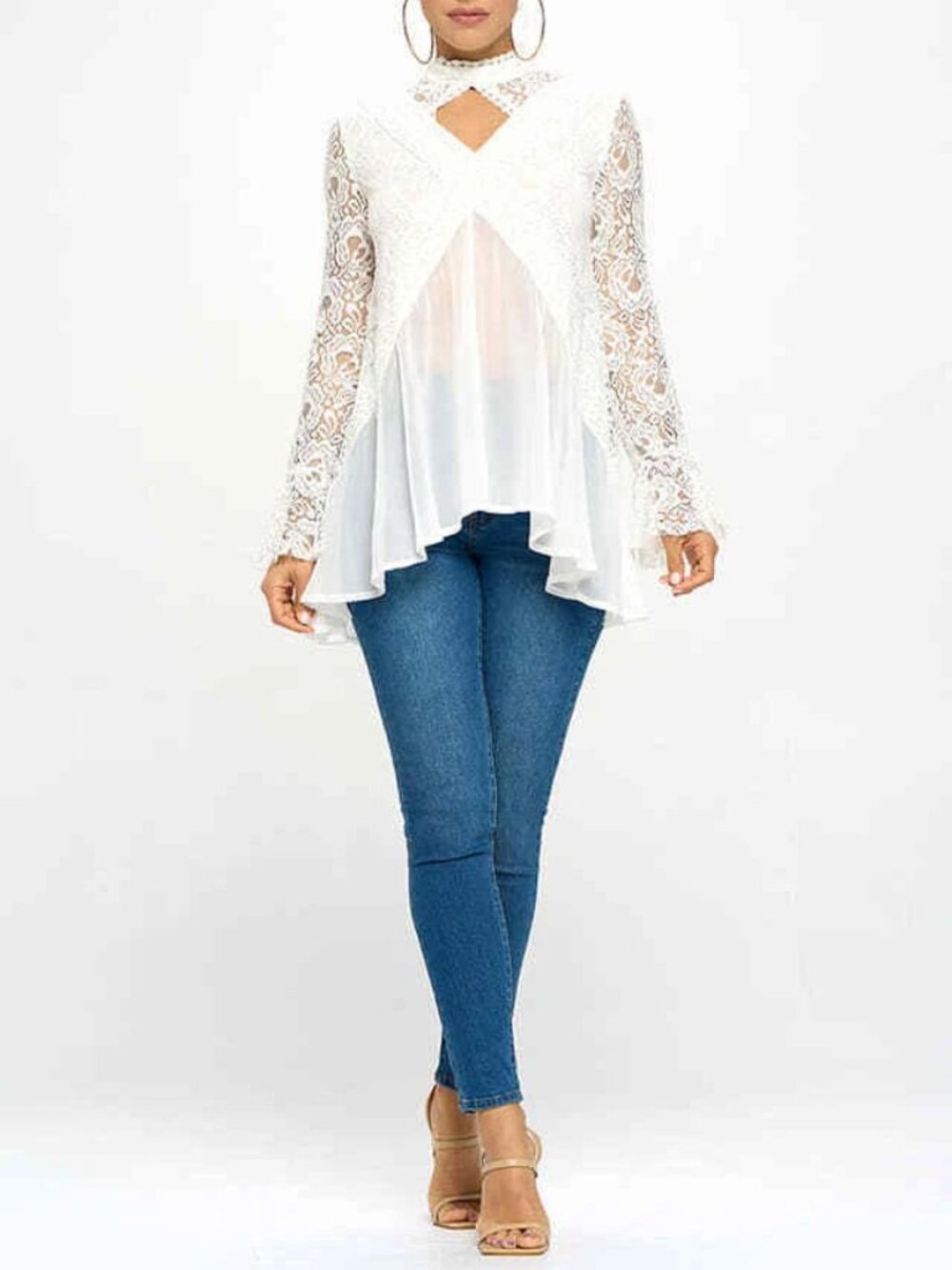 Oh Yes Flowy Lace Trim High Neck Keyhole Tunic Top Long Sleeve White New